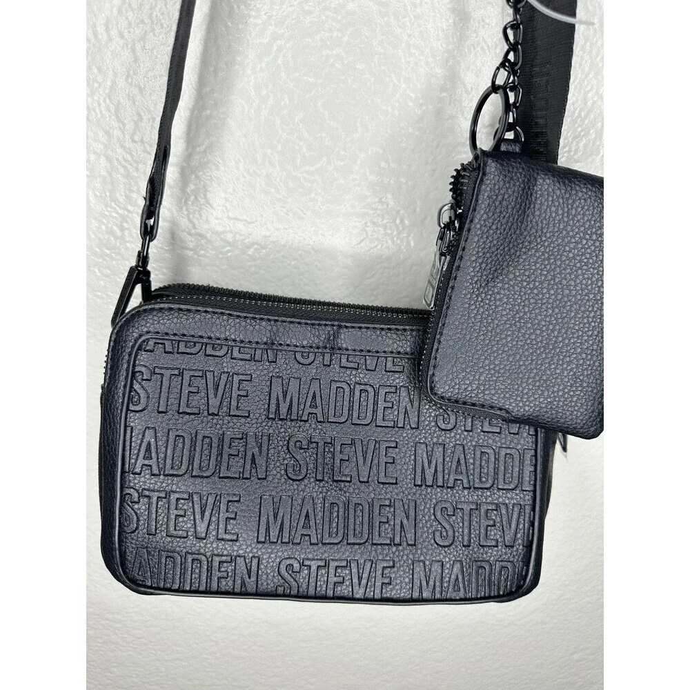 Steve Madden Crossbody Bag Womens Small Black Logo Faux Leather Coin Purse Zip